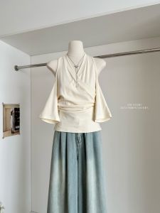 Ree Womens Short Sleeve T-Shirt V-Neck Cross-Shoulder Summer Fashion Spicy Girl Design Bead Work Neck Hanging Top