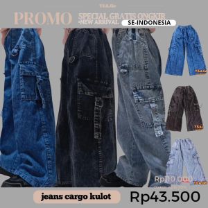 Y&A Celana Jeans Kulot Cargo Anak Perempuan Pinggang Elastis Full Length 6-16 Tahun