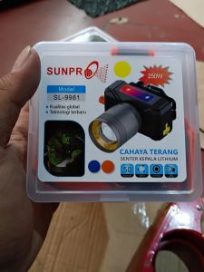 Senter Kepala Sunpro Zoom Terbaru 250 Wat Tipe SL-9981 Cahaya Kuning Gratis Lensa Biru+Kuning