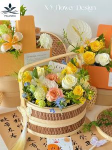 Handheld Bamboo Woven Flower Basket round Double Layer Fruit Flower Box Chinese Style Floral Arrangement Basket Moon Festival Mooncake Flower Basket