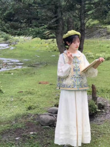 New Chinese Style Heavy Industry Recovery Print round Neck Button up Vest Dress Set Hanfu Womens Fashion Spring Polyester