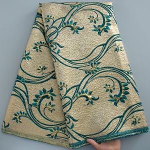 African Jacquard Brocade Lace Fabric Gold Red Luxury Floral Embossed Brocade Material 5 Yards For Wedding Party Dress