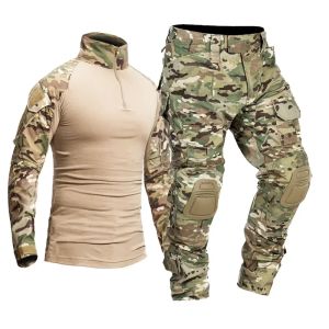 Outdoor Tactical Suits Men Clothing Wear-resistant Uniform Combat Shirt + Multi-pocket Cargo Pants +Pads Waterproof Sets