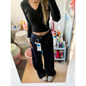 Extended Long High Waist Slimming Blue Wide Leg Denim Jeans Womens Spring Autumn High Heel Tubular Dyed Blue Floor Length Pants