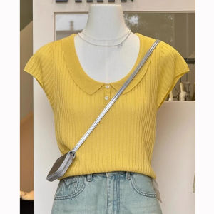 แฟชั่นยุโรปสไตล์ตุ๊กตาสีเหลืองถักเสื้อกันหนาวผู้หญิงสบายๆฤดูร้อนแขนสั้นเสื้อยืด
