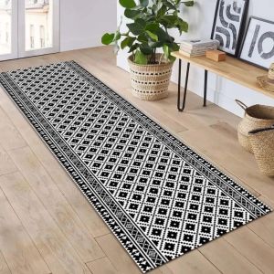 VIKAMA Modern Black and White Star-Patterned Geometric Rug with Non-Slip Backing Ideal for Living Room and Kitchen Home Decor