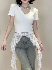BINKAFENNY | Summer Slim Fit Short Sleeve T-Shirt Womens V-neck Lace Patchwork Casual Korean Style Regular Shoulder Pure Color Top