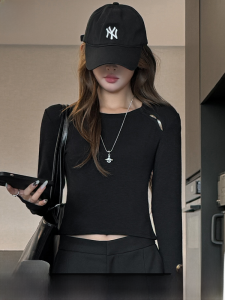 Miiow | Black Round Neck Long Sleeve Cotton Base Shirt Womens Commute Versatile Design Sensation T-shirt Cat Person Early Autumn Top