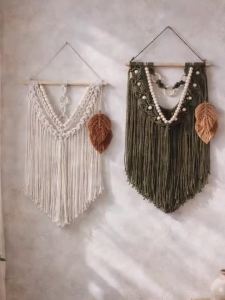 Boho Macrame Wall Hanging Hand Woven Bead Leaf Tassel Tapestry Cotton Rope Wall Art for Living Room Bedroom Home Wall Decor Gift