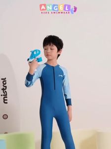 Đồ bơi liền thân tay dài cho bé trai dây kéo phía trước hoạ tiết sóng thần khủng long dễ thương chống nắng chống UV