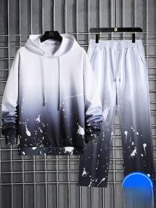 ROMON | Lormen Mens Casual Hoodie Set Spring Autumn Gradient Color Running Sportswear Two-Piece Suit Polyester Fiber Long Sleeve