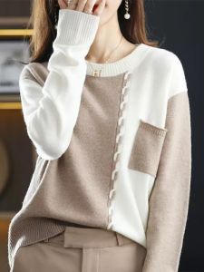 Autumn Winter Loose Fit round Neck Knitted Sweater Short Sleeve Long Sleeve Overhead Color Block Ladies Fashion Casual Top