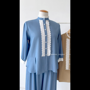 Plus Size (3XL-6XL) Nursing Friendly Tweed Herringbone Soft Denim Fabric Kemeja Full Button Blouse Top (4140)
