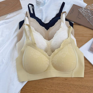 Lace Push up Bra Wireless Seamless Womens Underwear Gather Small Chest Effect Nylon Fabric V-Neck Fixed Strap Three Quarter Cup