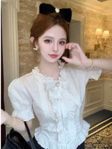 Áo Sơ Mi Cổ Dây Ruy Băng Tay Ngắn Màu Trắng