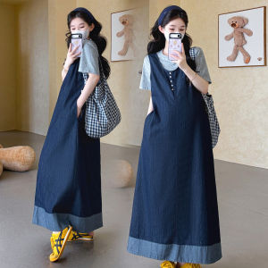 JoynCleon | Pregnancy Friendly Summer Maternity Dress Stylish Belly Covering Short Sleeve Denim Pinafore