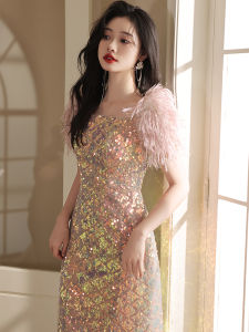 Pink Evening Gown Womens High-End Small Luxury Host Birthday Party New 2025 High-End Feeling Dress Korean Style Short Sleeve