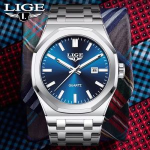 Lige Đồng hồ nam sang trọng thời trang kinh doanh Đồng hồ đeo tay thạch anh không thấm nước thép dạ quang dây đeo đồng hồ cho nam giới + Hộp