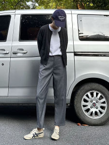 Grey Straight Leg Nine-Tenths Pants Womens Casual Trousers Slimming Stretchy Left Hand Diary Scythe Patterned Spring Autumn New Style