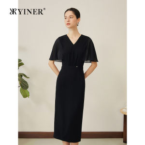 Elegant Black Autumn Acetate and Chiffon Blend Dress