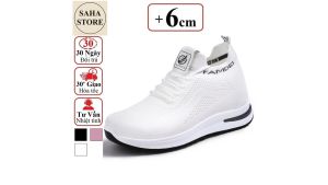 Giày sneaker nữ SAHA269 tăng chiều cao 6cm cổ thun êm chân chất vải thoáng khí mát đen trắng hồng độn đế 6cm 6 phân