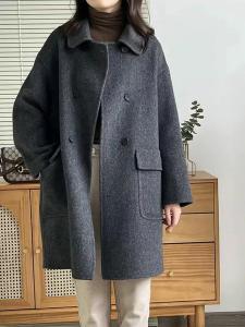 Double-Sided Cashmere Coat Womens Mid-Length Woolen Outerwear Deep Grey Korean Style Commute Loose Fit Long Sleeve Coat
