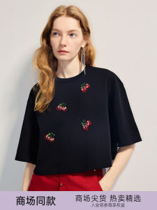 Sweet Style Cherry Embroidery Mid-Sleeve T-Shirt Shoulder-Off Womens Summer Fashion Cotton round Neck Casual Top MaxRieny