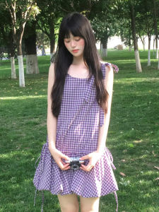 Y6Y | French Style Purple Plaid Strap Dress Women Summer New Small Size Bloom Beautiful Mini Skirt Sweet A-Line Midi Dress Without Sleeve