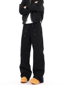 กางเกงขายาวทรงตรงสีดำสไตล์ย้อนยุคแบบอเมริกันสำหรับผู้ชาย กางเกงขายาวทรงตรงสำหรับใส่ทำงานในฤดูใบไม้ผลิและฤดูใบไม้ร่วง CleanFit ทรงสลิมฟิต