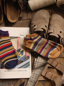 Mens Summer Cotton Crew Socks Breathable Stripe Pattern Absorb Sweat Short Socks Japanese Harajuku Retro Style Toe Post Socks