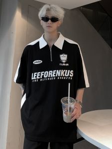 Summer Trendy American Street Style Collared Short Sleeve T-Shirt Mens New 2024 Polka Dot Color Block Fashion Polo Shirt