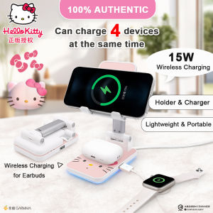 100% Authentic Sanrio Hello Kitty Phone Holder with Wireless Charging Foldable Aluminum Alloy Material Desktop Stand Kuromi Melody Multi-angle Rotatable Adjustment Phone Stand for Smartphone Earphones Birthday Gift Little-Twin-Stars MYHD2