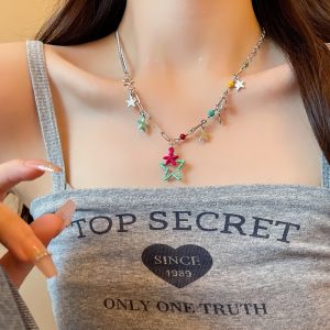 Dopamine Green Pink Star Colorful Holed Chain Necklace Womens Design Sensation Sweet Cool Style Fashion Jewelry Accessory