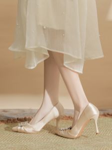 Elegant French Style Pointed Toe High Heels Womens Shoes with Square Buckle Water Diamond Slip-On Wide Size Shoes for plus Size Women