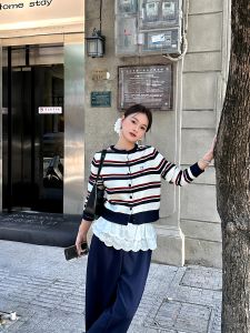 Áo Len Cardigan Dệt Kim American Color Block Stripes Dáng Rộng Cho Nữ Mùa Thu Dài Tay Nút Tròn Ngắn Áo Khoác Ngoài