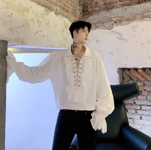 Áo Sơ Mi Nam Tay Dài Thiết Kế Cổ Điển Có Dây Rút Viền Hoa Mẫu Đơn Phong Cách Anh Cài Nút Dài Thường Ngày Mùa Thu