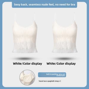 miiow | Womens Lace Trim Halter Neck Tank Top Inner Wear Outer Wear Bra Pad Integrated Summer New Style Thin Short Length Solid Color