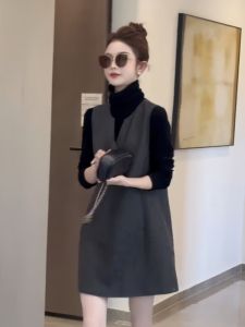 Slimming Effect Woolen Vest Skirt Womens Sleeveless Autumn Fashion Straight Cut Base Skirt Elegant Thinming Dress