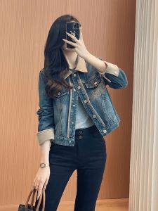Fall 2024 Womens Vintage Washed Denim Jacket Versatile Size Small Matching Top Loose Fit Regular Sleeve Long Collar Buttoned