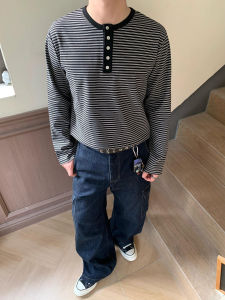 Áo Thun Polo Nam Tay Dài Dáng Rộng Thoải Mái Thường Ngày Mùa Thu Phong Cách Mỹ Cổ Henry Sọc Sang Trọng