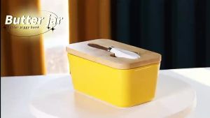 Ceramic butter storage box with bamboo cover and knives Refrigerator for cheese preservation