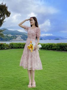 French Style Dopaamine Chiffon Dress Women Summer Fairy Tale Forest System Waist in Slimming Personality Square Collar Holiday Long Dress