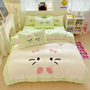 Cute Cat Cream Washed Cotton Bedding Set Three Piece Dormitory Bed Sheet Bed Skirt Style Four Piece Set Student Quarters