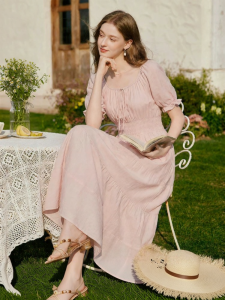 XIANGYING | Flounced Puff Sleeves Cinched Waist A-Line Dress