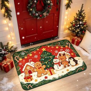 VIKAMA Vintage Christmas Doormat Santa Sleigh Reindeer Washable Non‑Slip Floor Mat For Front Porch Household Decoration