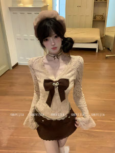 Sweet Butterfly Knot Lace V-neck Slim Fit Womens High Waist Half Skirt Set Fashionable Korean Style Commute Autumn Long Sleeve