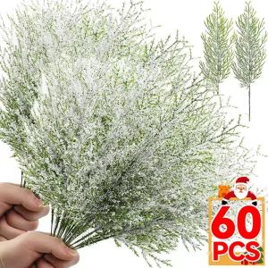 Dizoey 60Pcs Faux Frosted Pine Branches Artificial Cedar Christmas Fake Snow Sprigs Pine Leaves Plastic Cypress Garland Wreath Party Decor