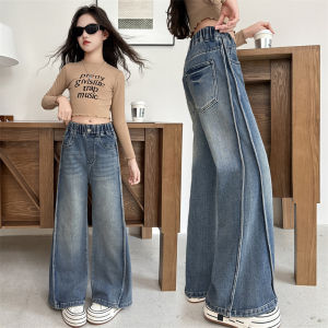 Trendy High Waist Floor-Length Denim Pants for Girls Spring Autumn New Style Loose Wide Leg Trousers Childrens Clothing