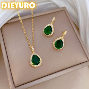 DIEYURO 316L Stainless Steel Steell Green Water Droplet Inlay Zircon Pendant Necklace Earrings Set Girl New Trend Jewelry Gift