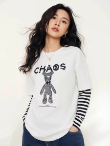 Loose Long Sleeve Womens T-shirt Fashionable Slimming Fake Two-Piece Top Cotton Blend Comfortable Korean Style round Neck